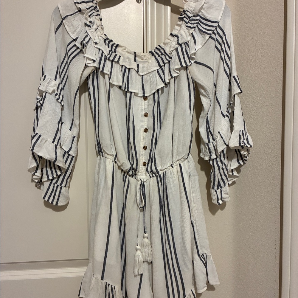 American Eagle Striped Ruffle Off-Shoulder Romper in Navy and White